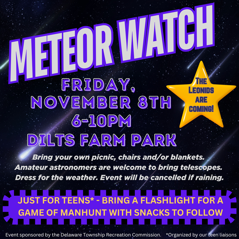 Meteor Watch event flyer. Friday November 8th from 6-10PM Dilts Farm Park. Bring your own picnic, chairs, and/or blankets. Amateur astronomers are welcome to bring telescopes. Dress for the weather. Event will be cancelled due to raining.  FOR TEENS: Bring a flashlight for a game of manhunt with snacks to follow.